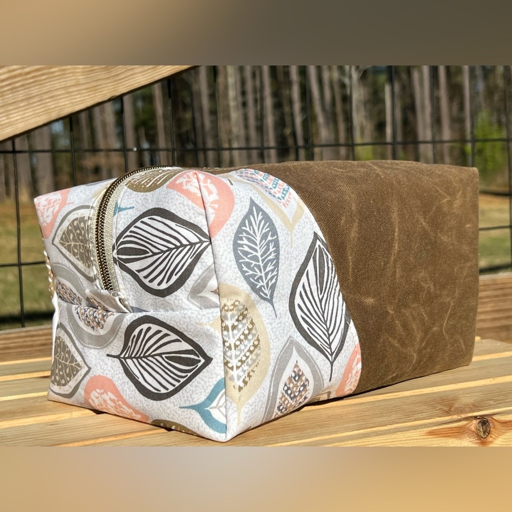 Leaf Patterned Dopp Kit w/ Brown waxed canvas